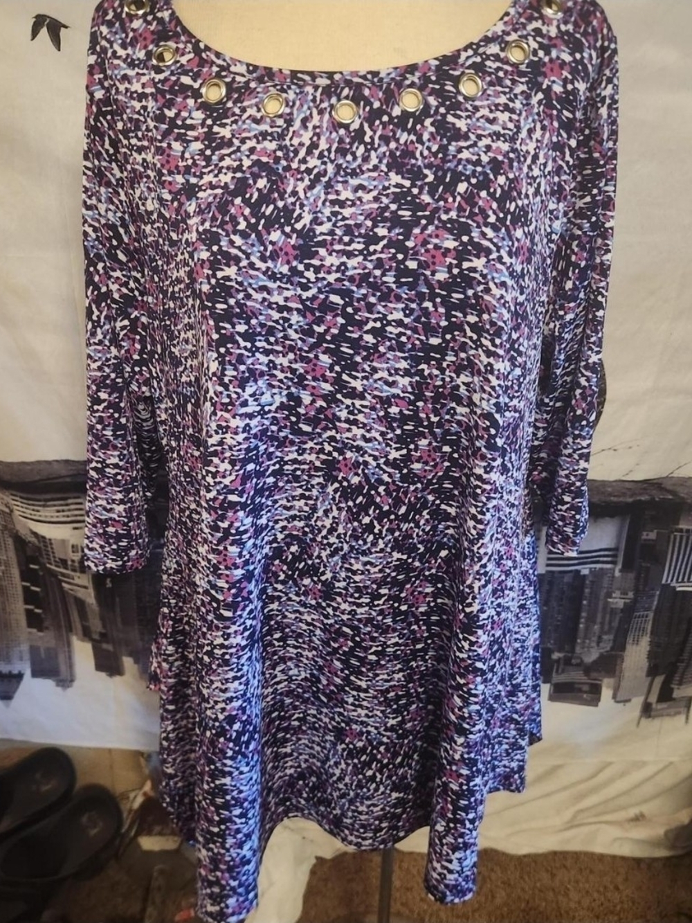 Belldini Purple Multi-Print Grommet Neck Long Sleeve Dress